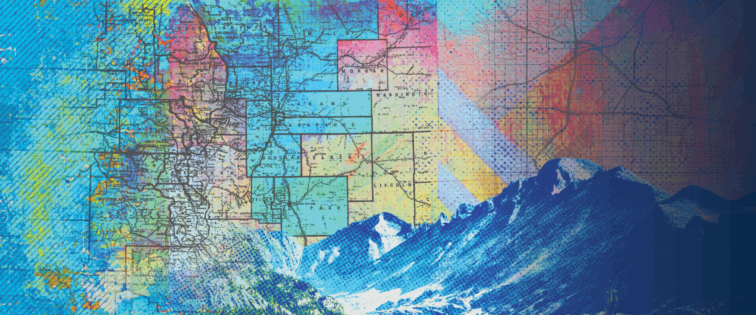 Colorado mountains against a backdrop of Colorado counties map